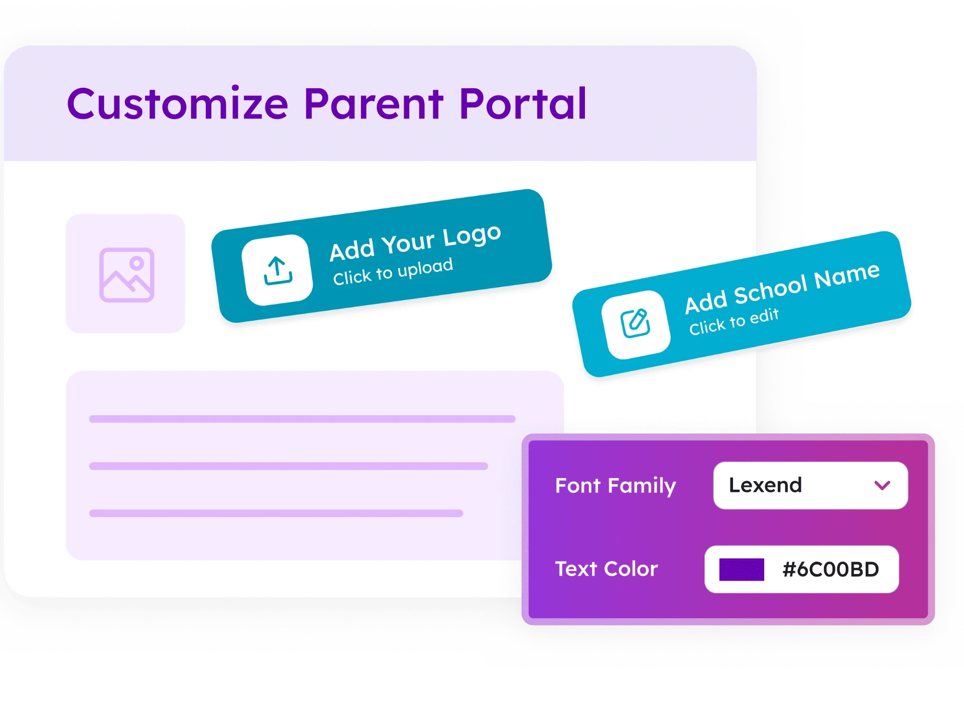 Branded parent portal customization interface showing logo upload, school name editor, font family selector, and text color picker