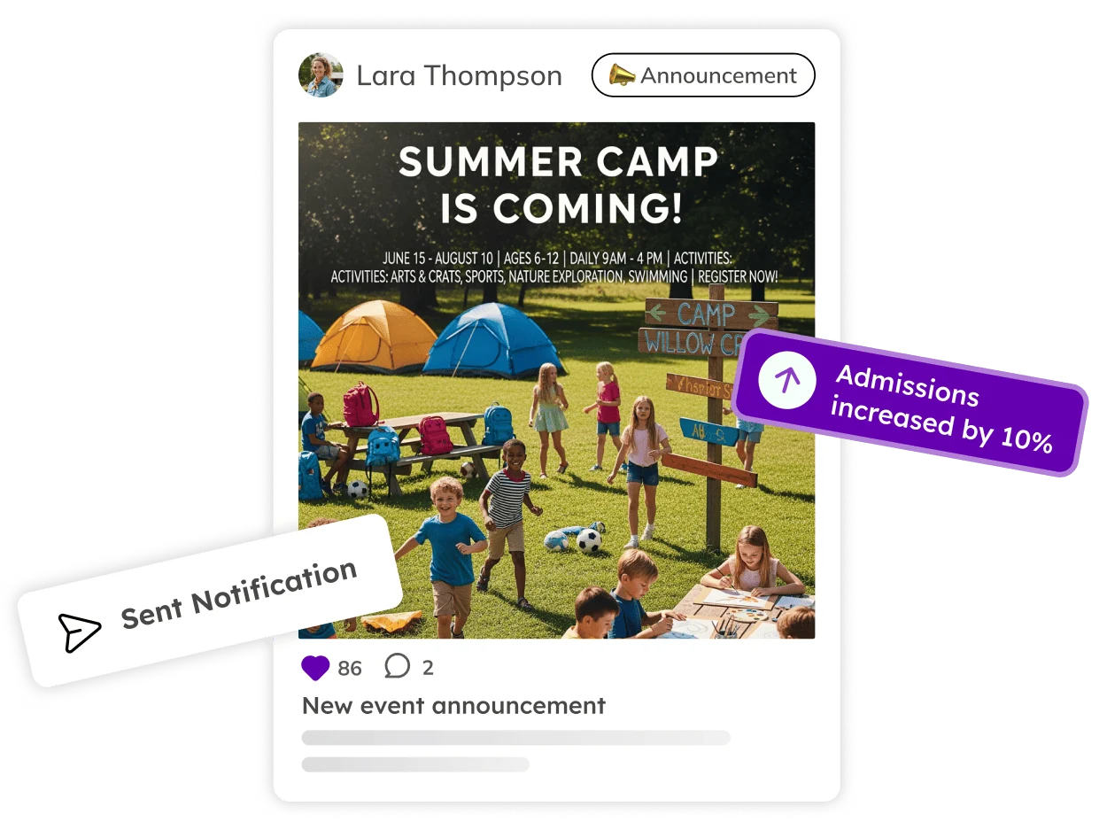 Summer camp announcement notification showing sent notification badge and admissions increased by 10%