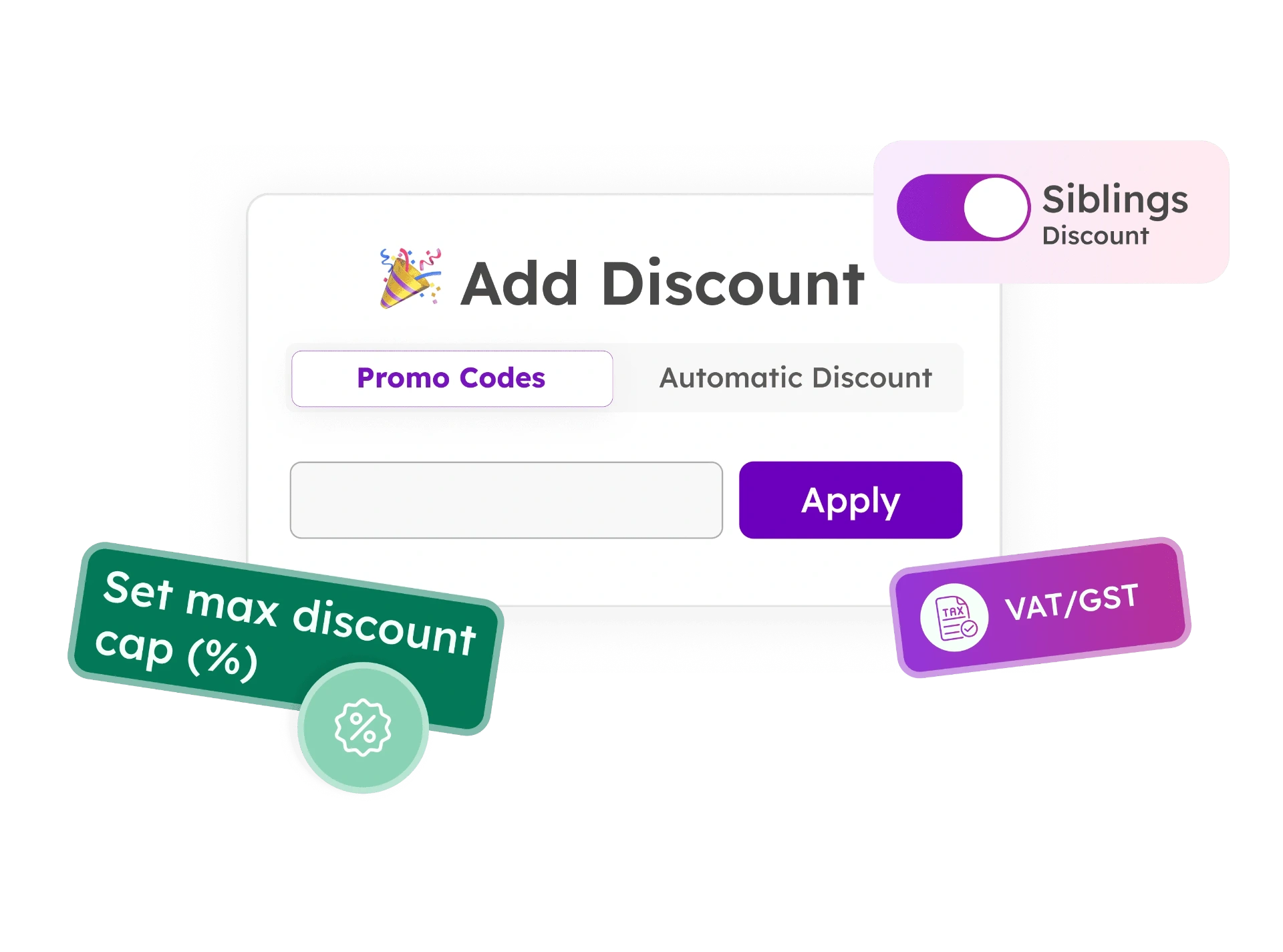 Discount management interface showing promo codes, automatic discounts, siblings discount toggle, max discount cap, and VAT/GST settings