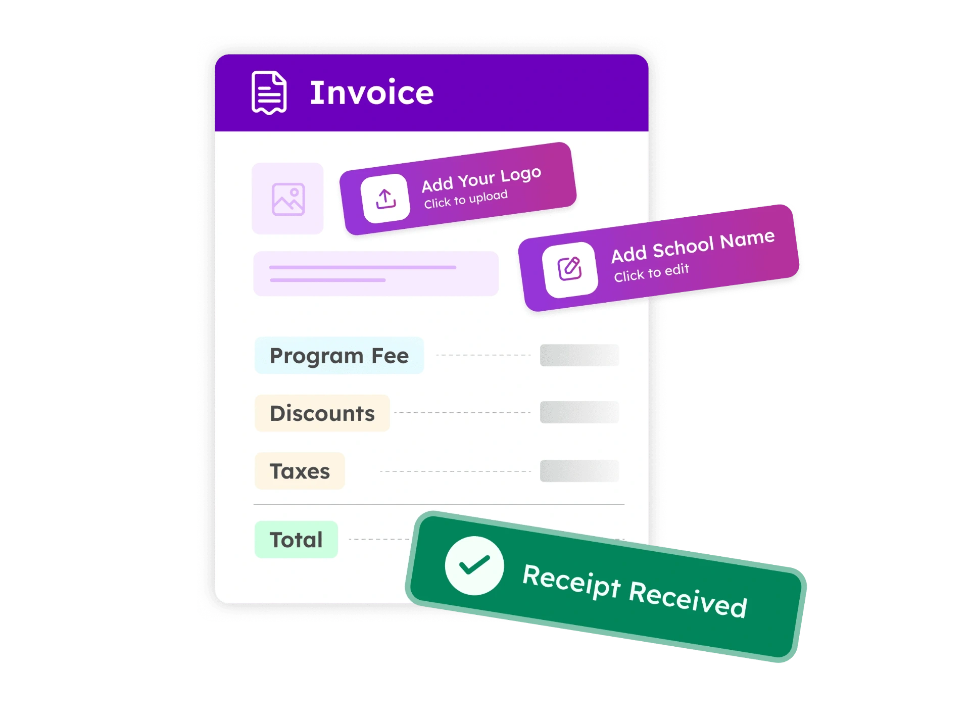 Automated invoice generation showing branded invoices with program fees, discounts, taxes, and receipt received confirmation
