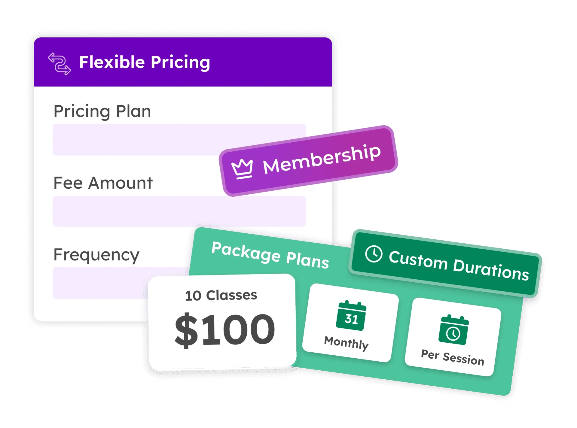 Flexible pricing interface showing membership, package plans, and custom durations