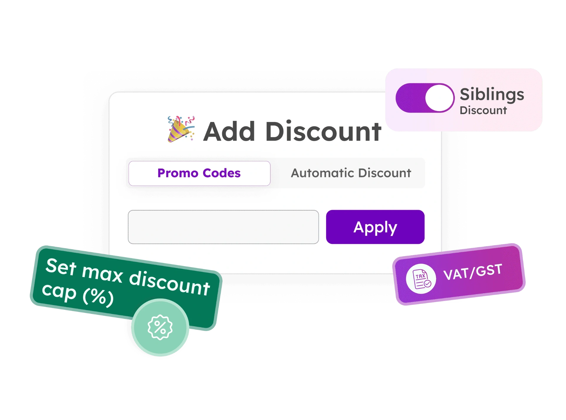 Smart pricing showing discount options including promo codes, siblings discount, max discount cap, and VAT/GST