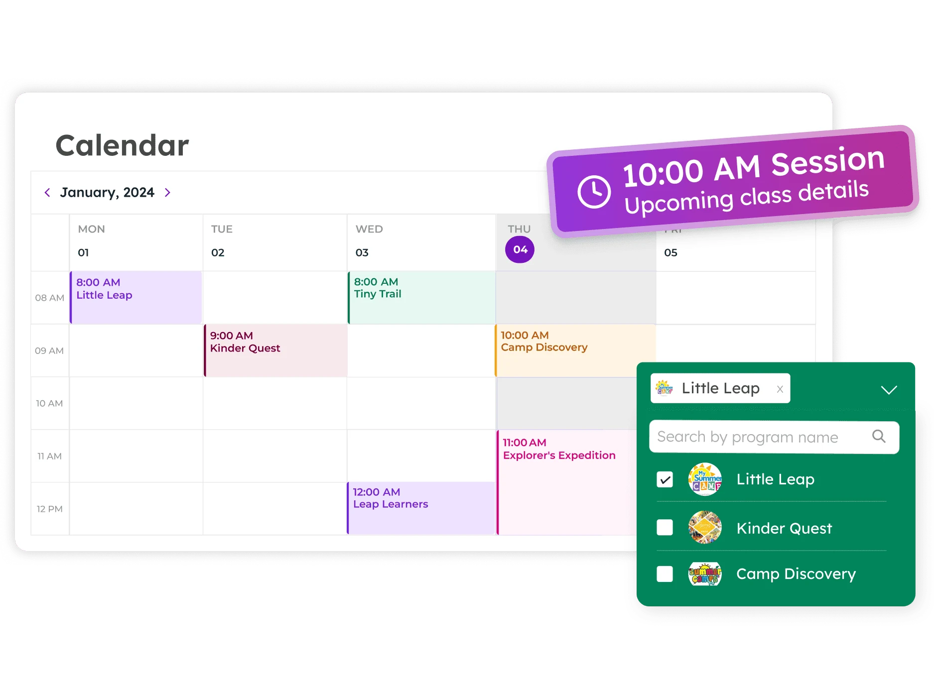 Centralized Class Calendar showing all programs filtered by type