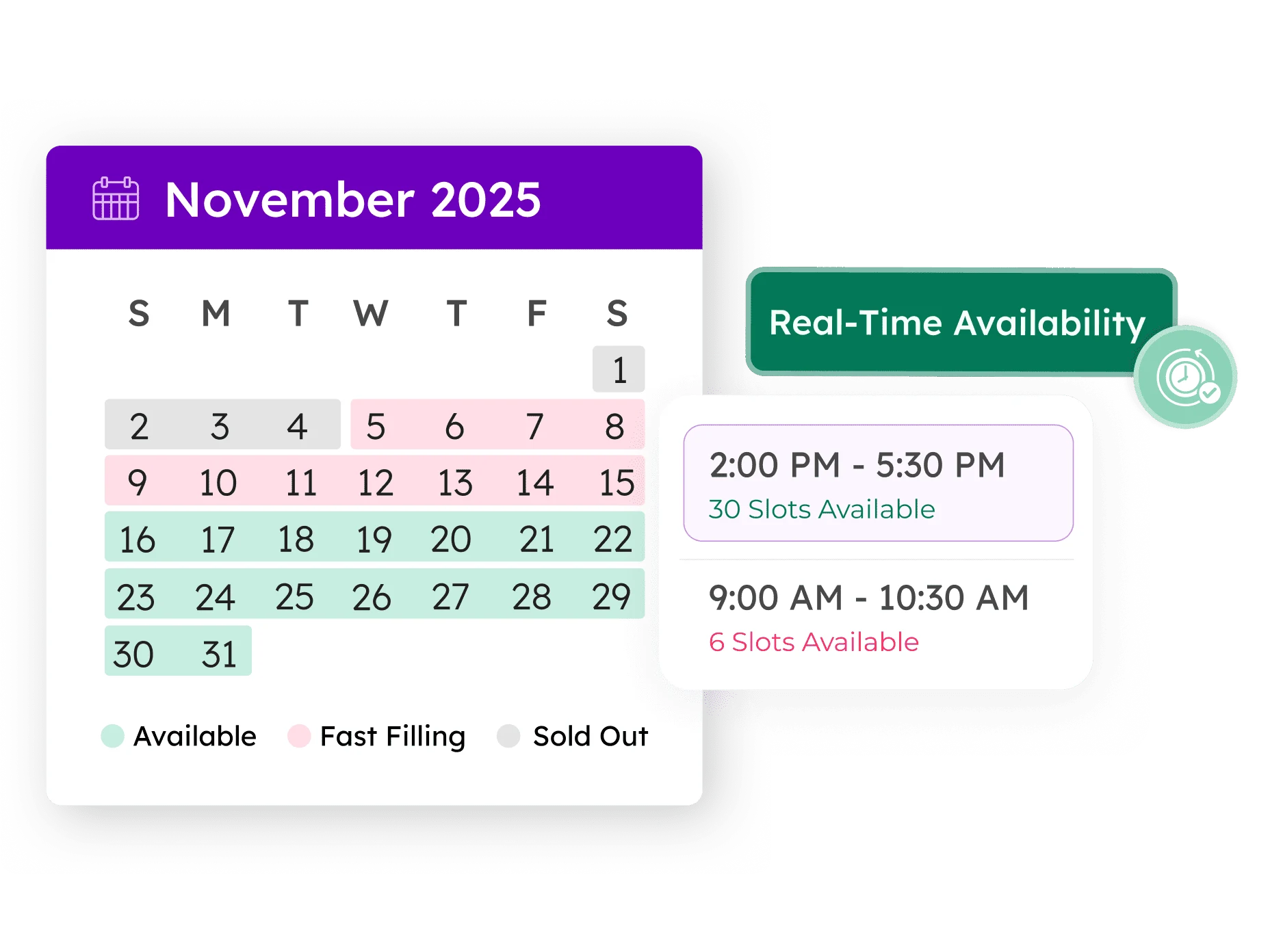 Real-Time Availability calendar showing available slots and status