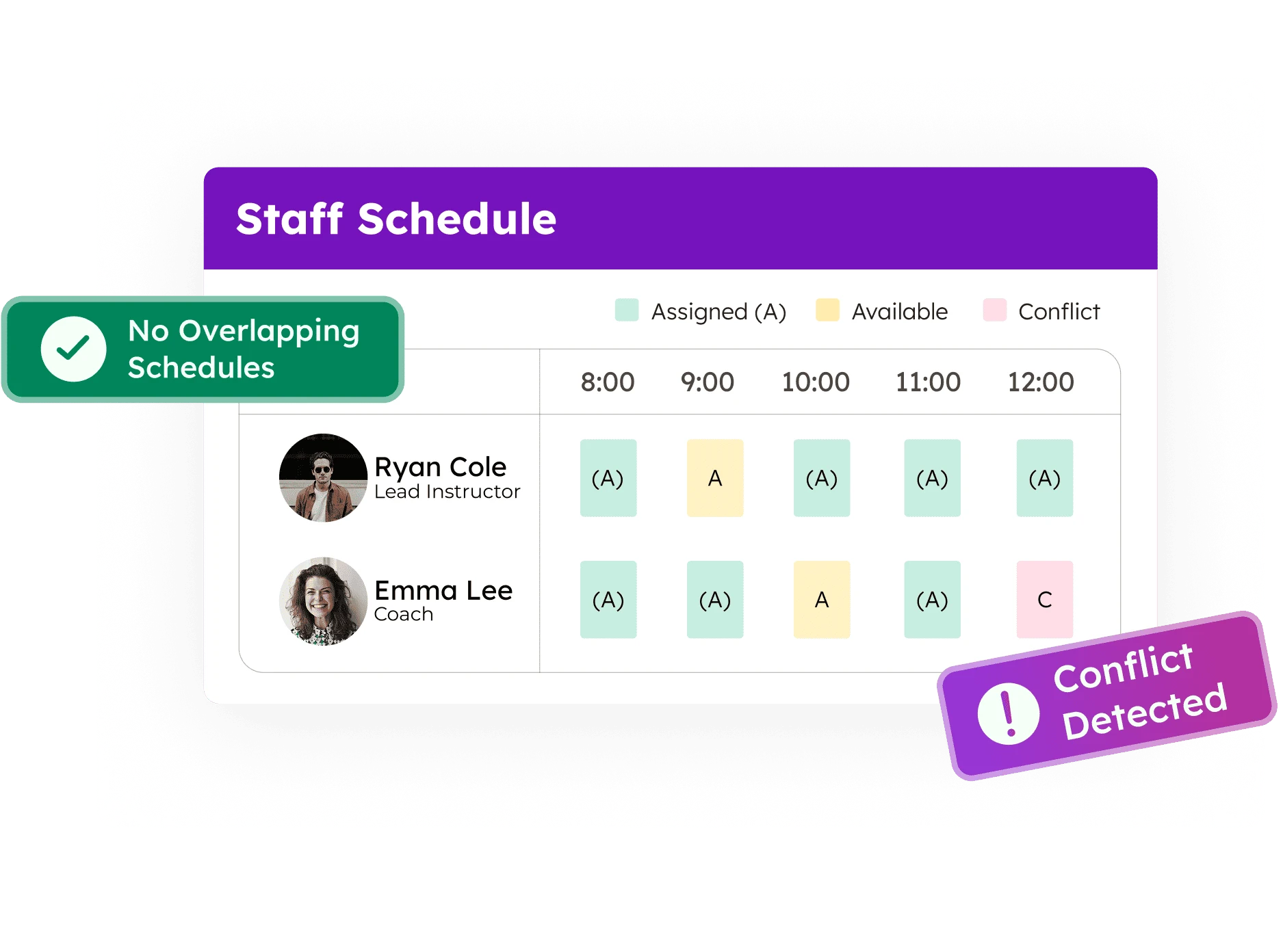 Staff Schedule showing instructor assignments and conflict detection