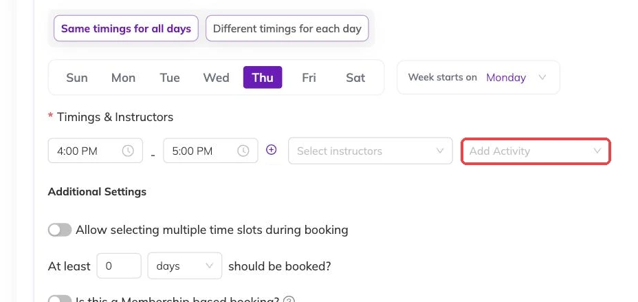 The Add Activity selector outlined on the Timings and Instructors row, beside the instructor picker and the session start and end times