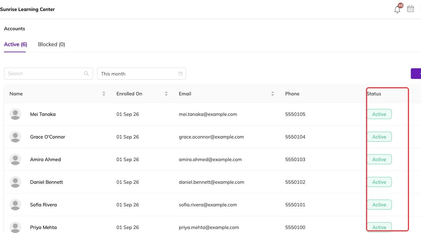 The status column on the accounts list outlined