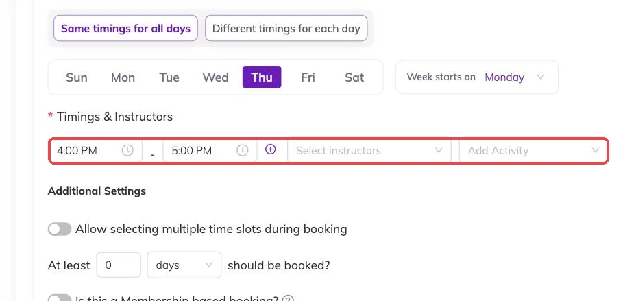 The whole Timings and Instructors row outlined, showing start time, end time, an add button, the instructor selector and Add Activity