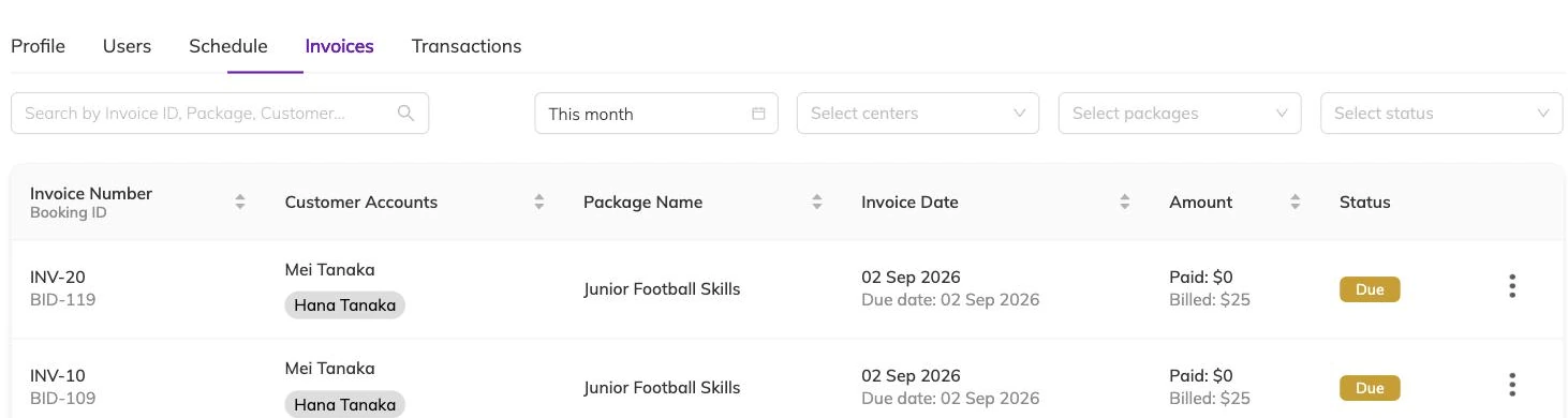 A single family's invoice list