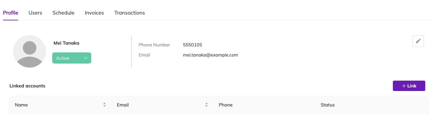A family profile showing their name, an Active status dropdown, phone number and email address