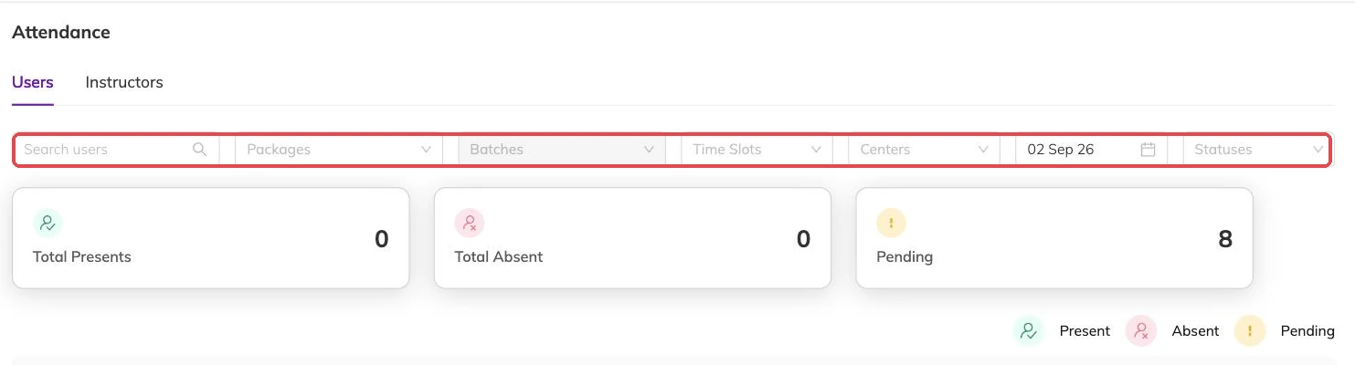 The attendance filter row outlined