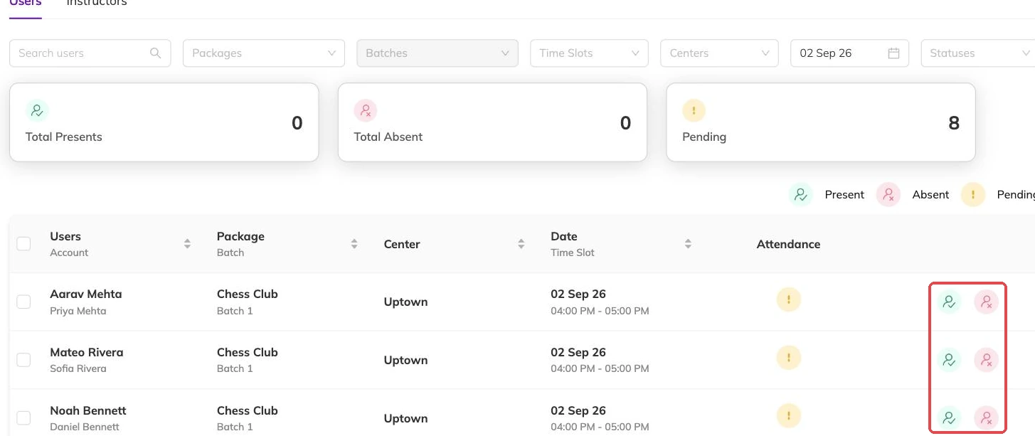 The present and absent buttons on each row outlined