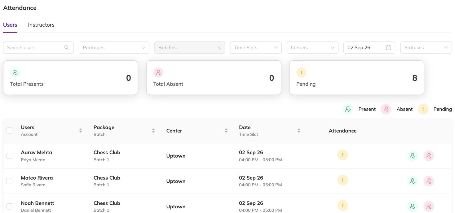 The attendance register listing children with their package, batch, centre, date and time slot, and present or absent buttons on each row