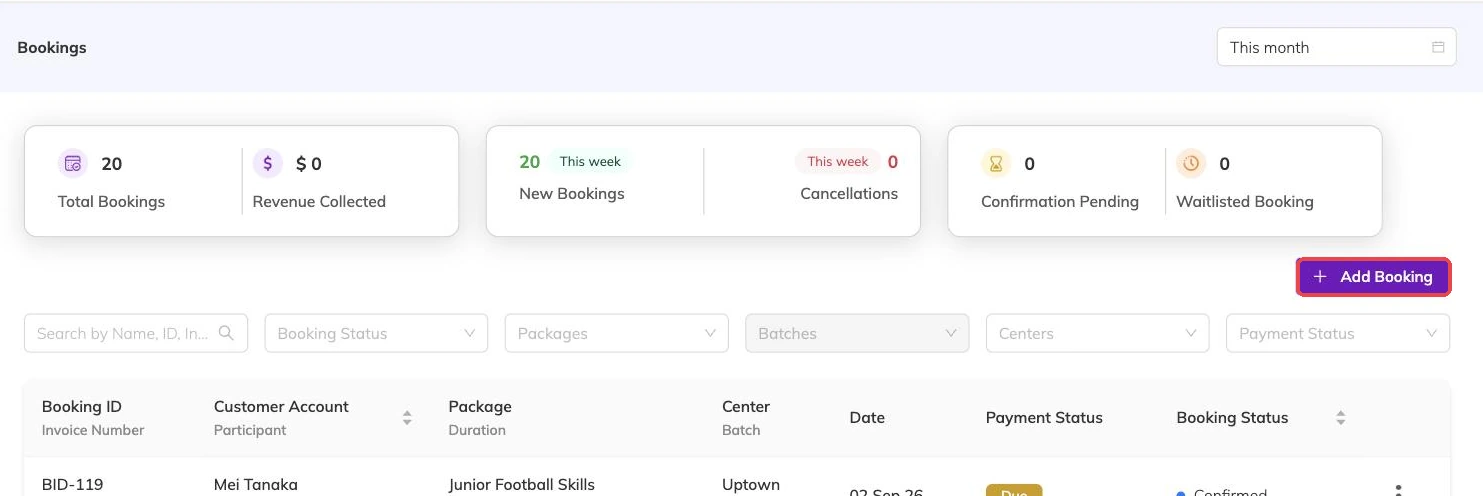 The Add Booking button outlined