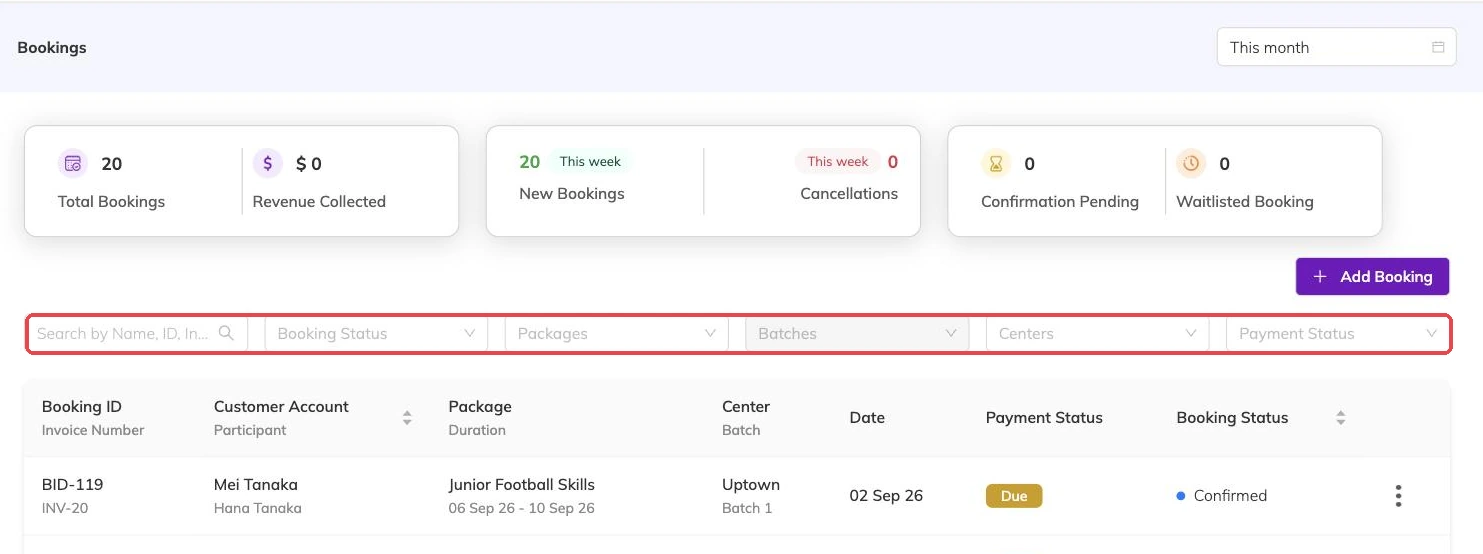 The booking status filter outlined