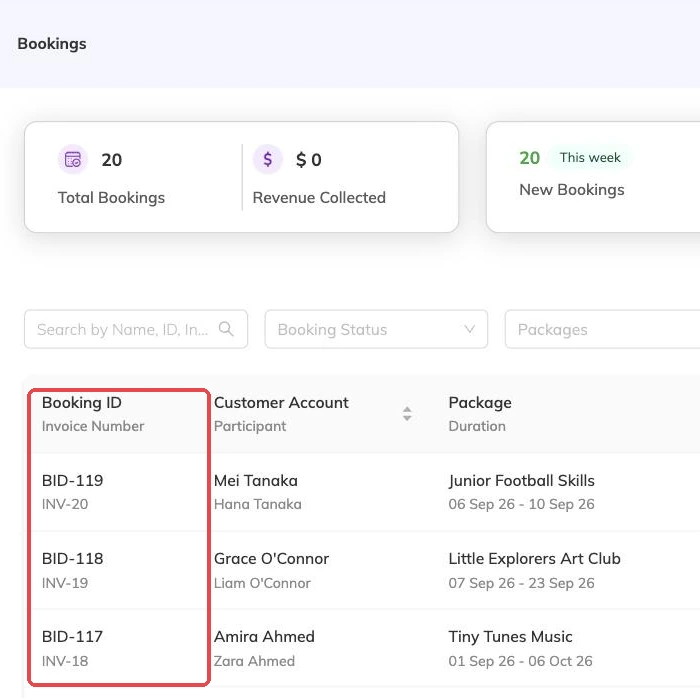 The new booking's ID and invoice number outlined in the list