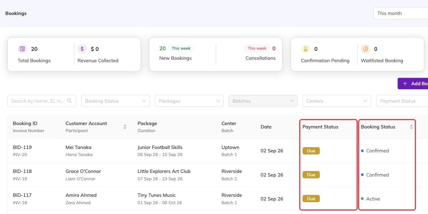 Booking status column outlined in the bookings list
