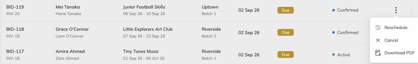 A booking row menu with a Download PDF option below Reschedule and Cancel