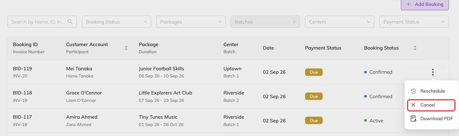 The Cancel option in a booking's row menu outlined