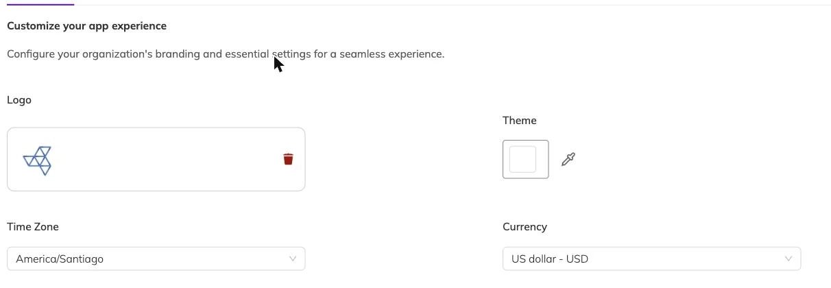 The appearance settings showing an uploaded logo with a delete button beside a theme colour swatch and picker