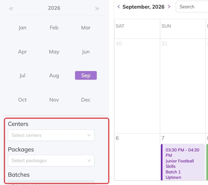 The centres, packages and batches filters outlined