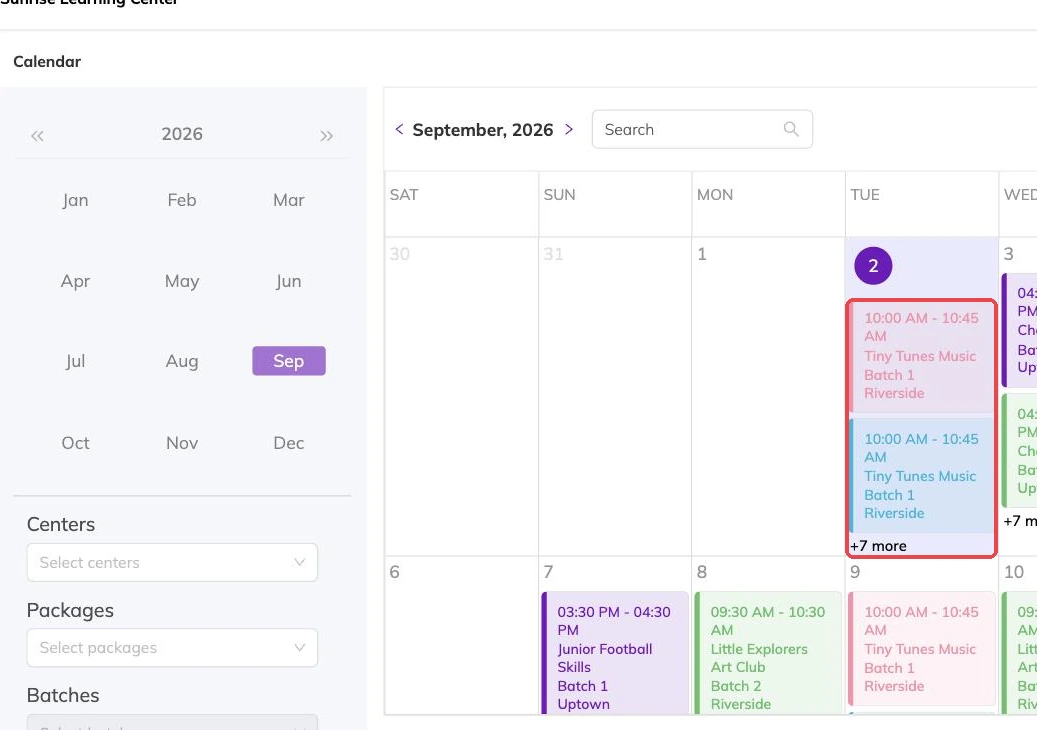 A session block on the calendar outlined