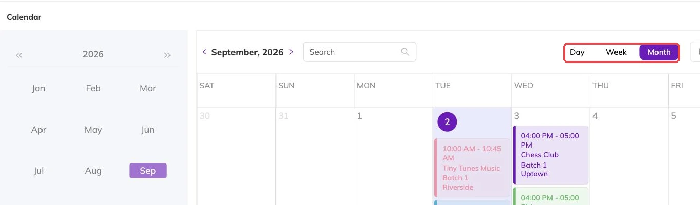 The Day, Week and Month buttons outlined