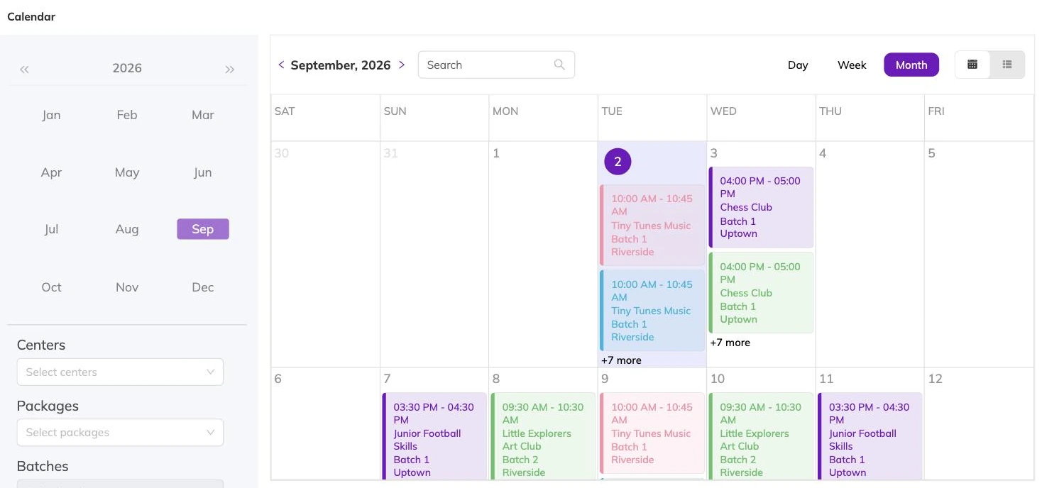 A month view of the calendar with coloured session blocks showing time, programme, batch and centre, beside filters for centres, packages and batches