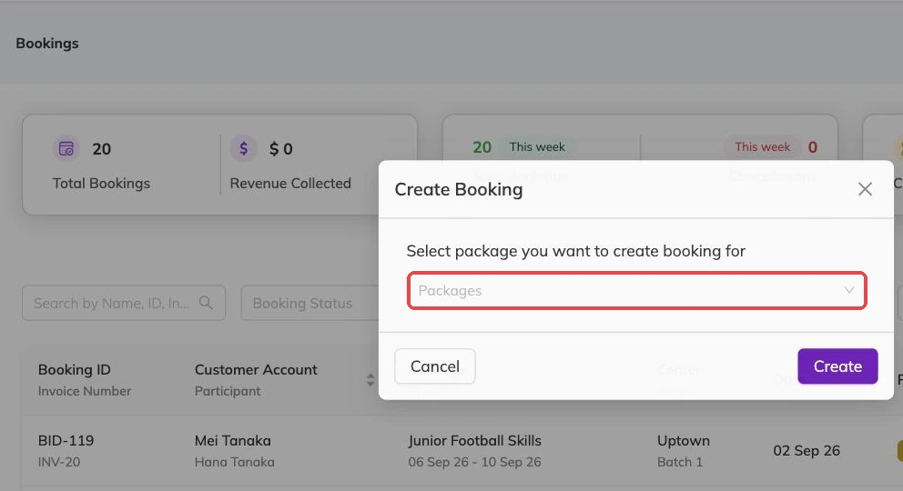 The package selector in the Create Booking dialog outlined