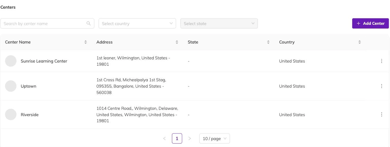 The Centers list showing three locations with their addresses and an Add Center button