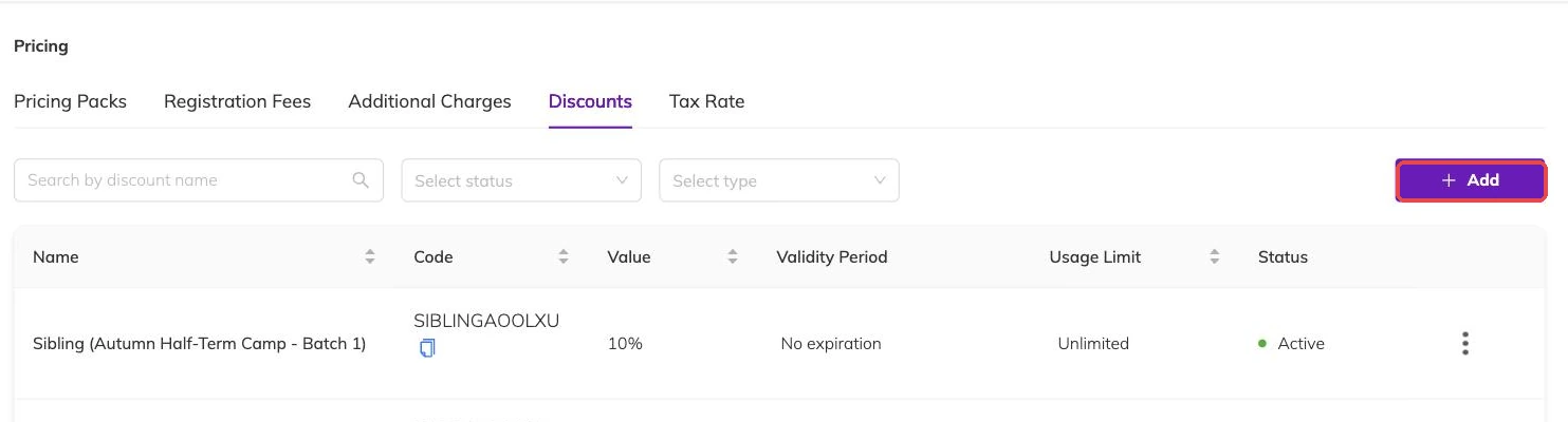 The Add button outlined on the discounts screen