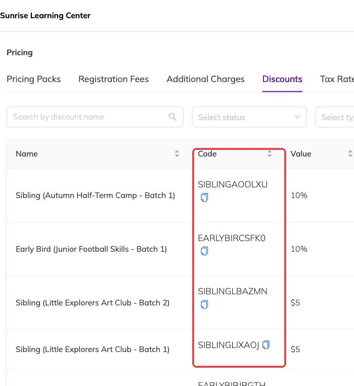 The generated discount codes column outlined