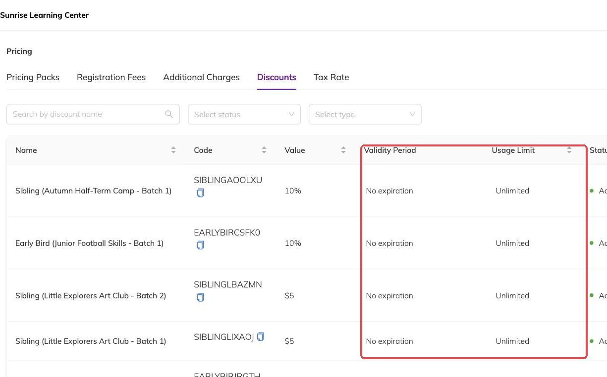 Validity period and usage limit columns outlined