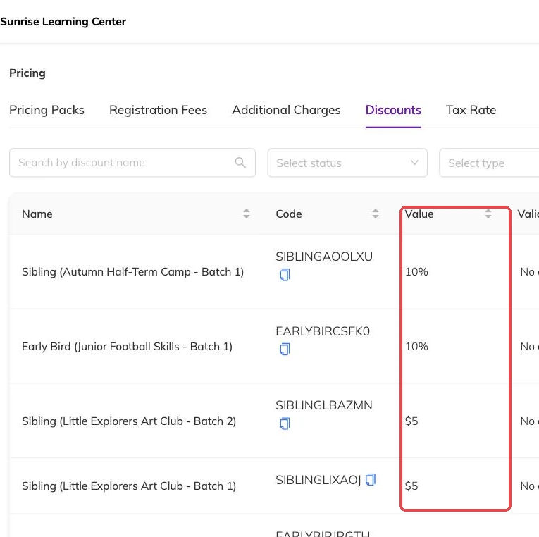 The value column outlined, showing percentage and fixed amounts