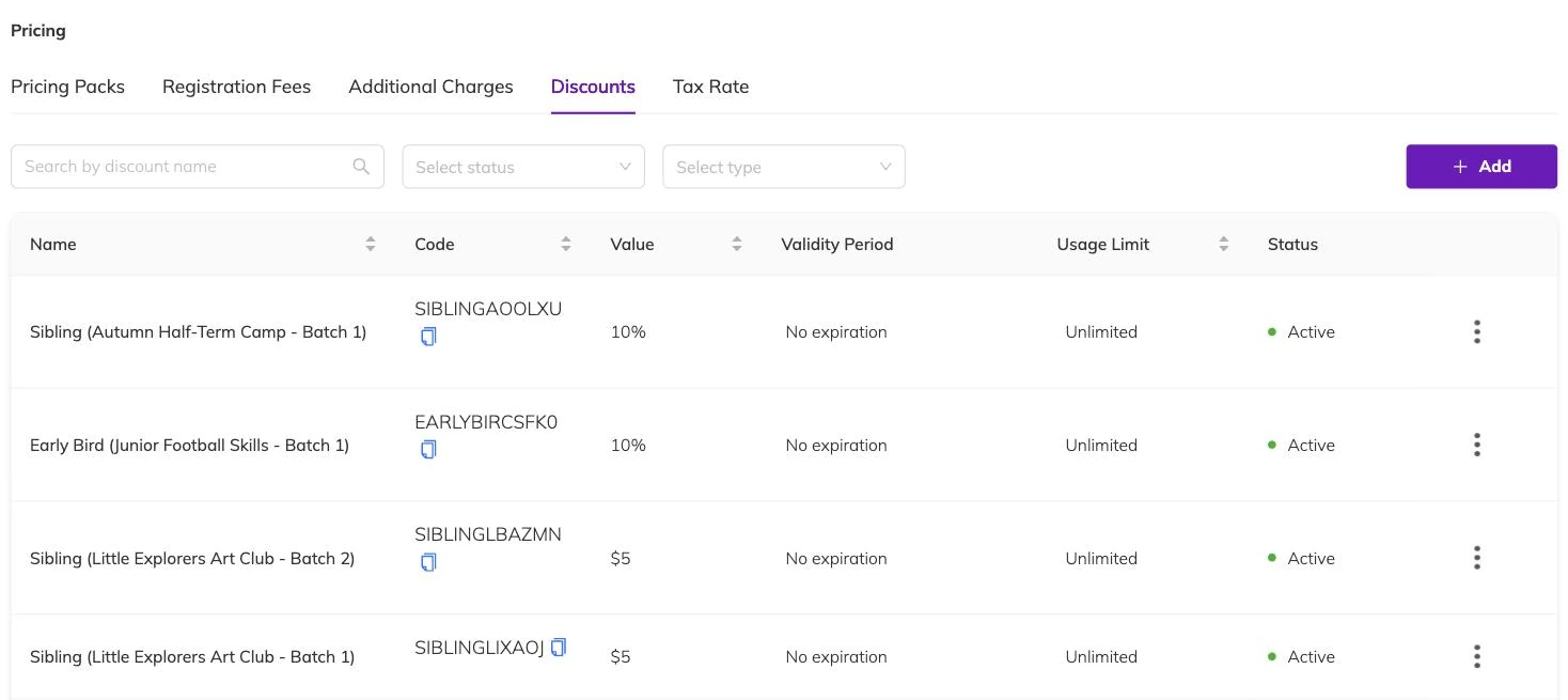 The Discounts tab listing sibling and early bird discounts with their generated codes, percentage or fixed values, validity period, usage limit and active status