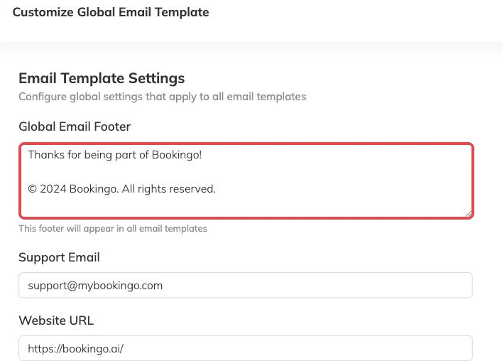 The global email footer text box outlined
