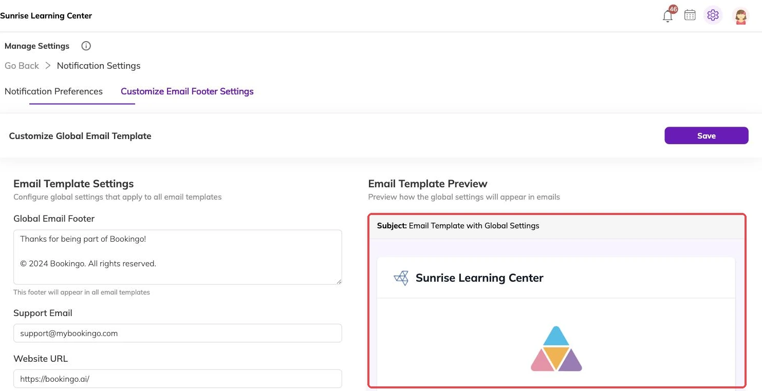 The live email preview outlined
