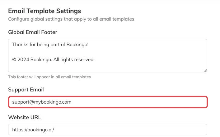 The support email field outlined