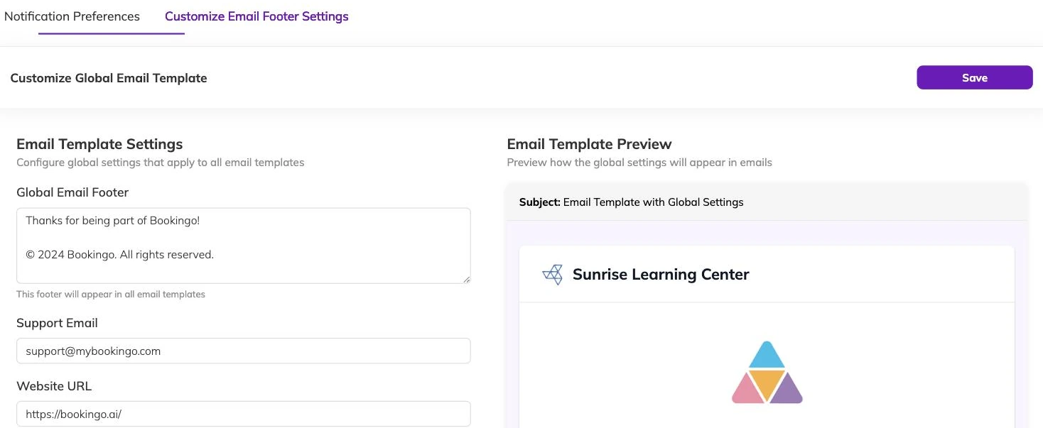 The global email template settings with a footer text box, support email and website URL, beside a live preview of the email as families receive it