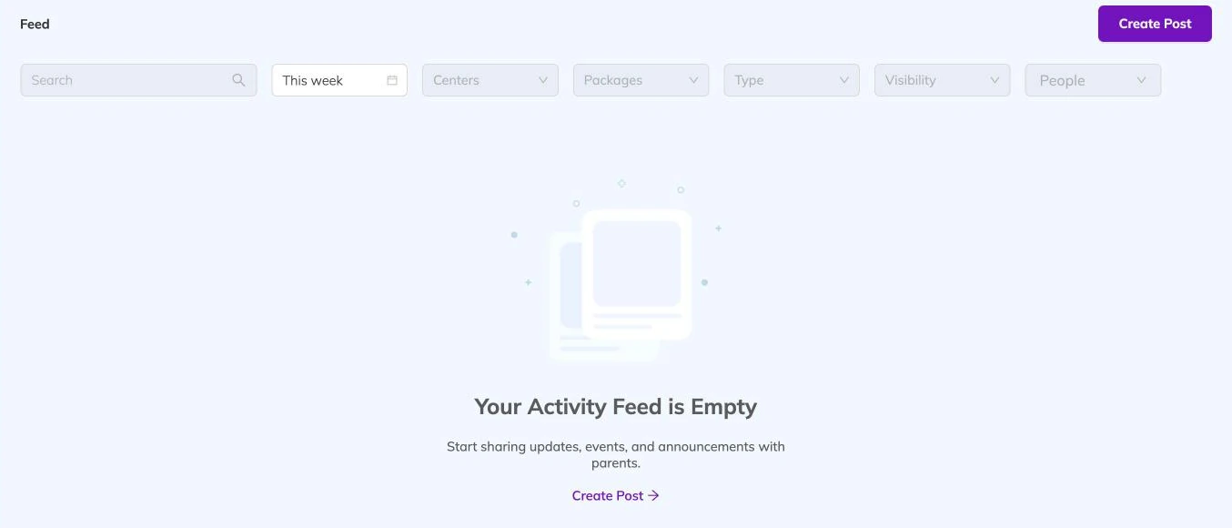 The activity feed before anything has been posted, showing filters for centres, packages, type, visibility and people above a Create Post prompt