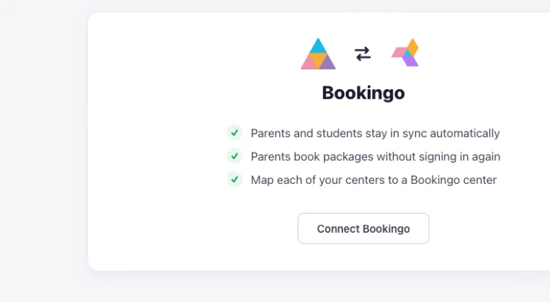 The Bookingo card listing three promises — parents and students stay in sync automatically, parents book packages without signing in again, and map each of your centers to a Bookingo center — above a Connect Bookings button