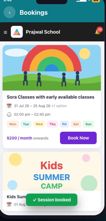 A booking page inside the Illumine app showing a class with its dates, weekday chips, a price of two hundred dollars per month onwards and a Book Now button, with a green Session booked confirmation