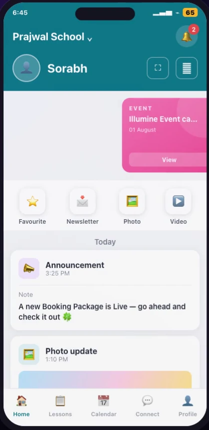 An Illumine parent app home screen showing an announcement reading 'A new Booking Package is Live — go ahead and check it out', above a photo update