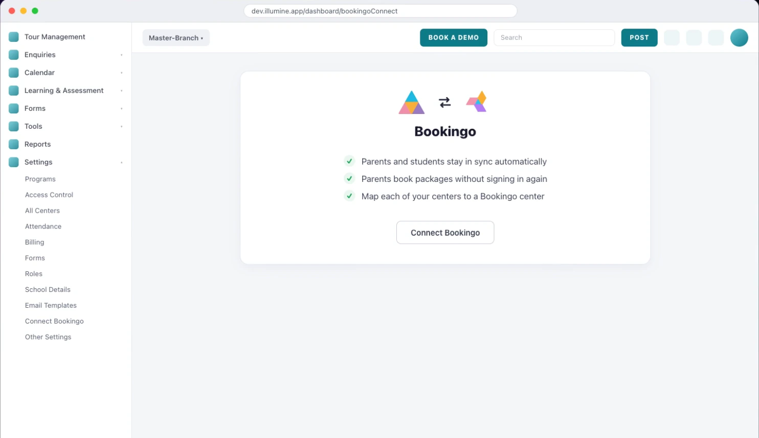 The Illumine dashboard on the Connect Bookings page, showing a Bookingo card in the middle of an otherwise empty page