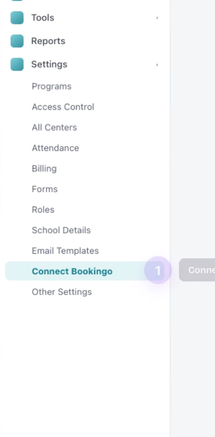The Illumine settings navigation with Connect Bookings highlighted, below Email Templates and above Other Settings