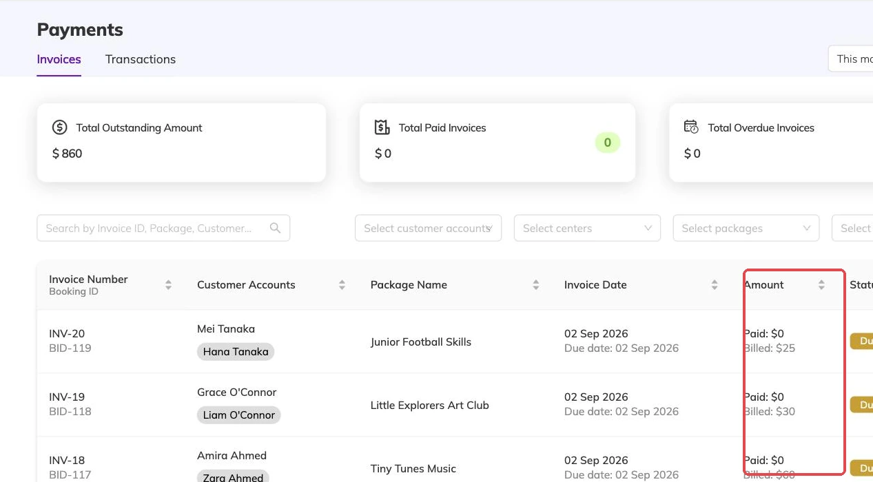 The paid and billed amounts outlined on each invoice row