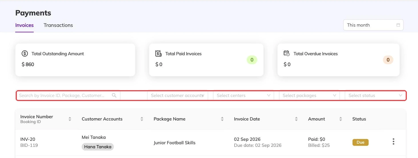 The status filter outlined above the invoice list