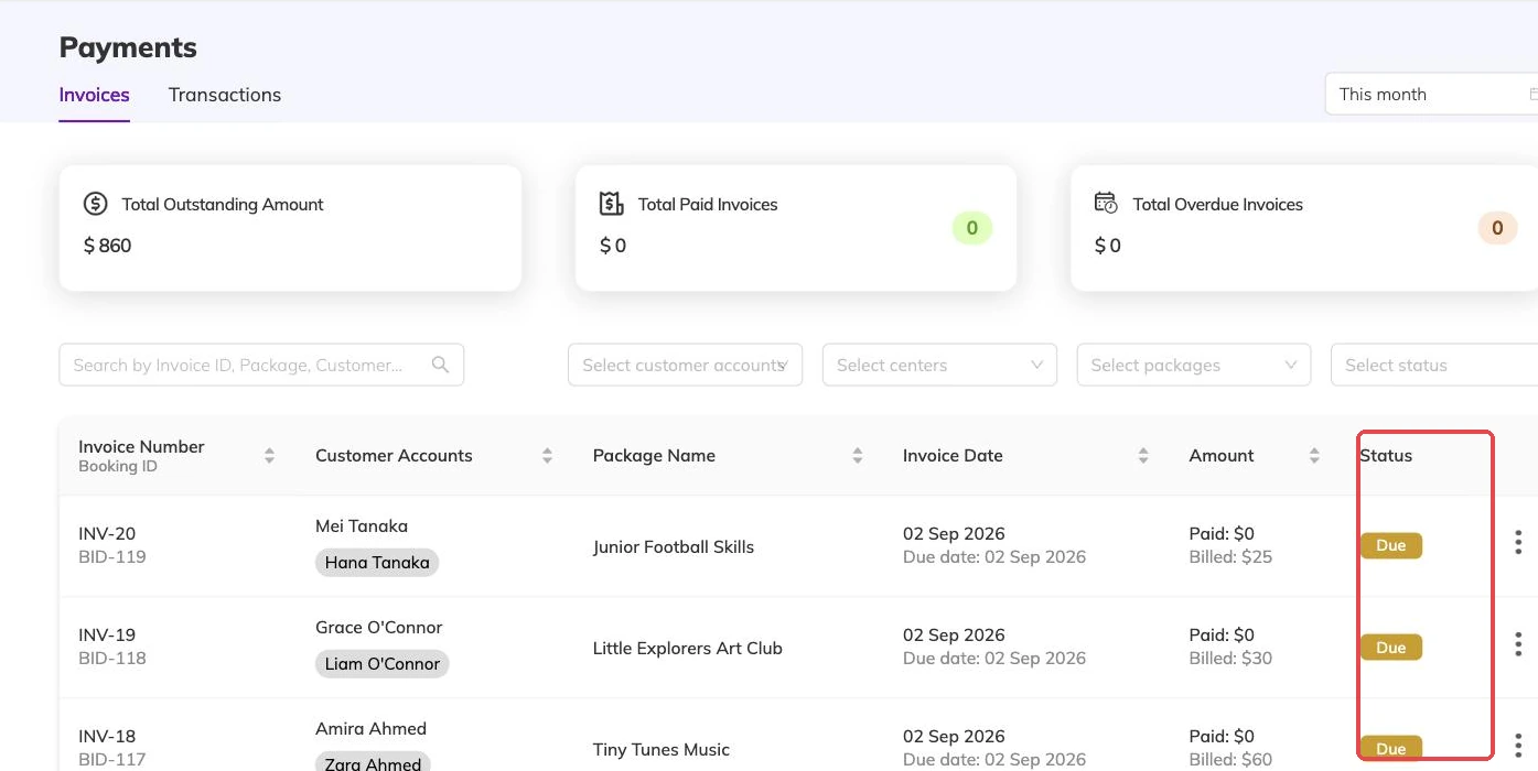 Invoice status column outlined