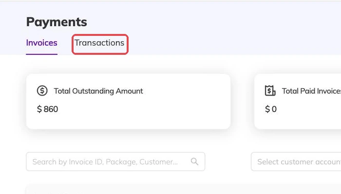 The Transactions tab outlined next to Invoices