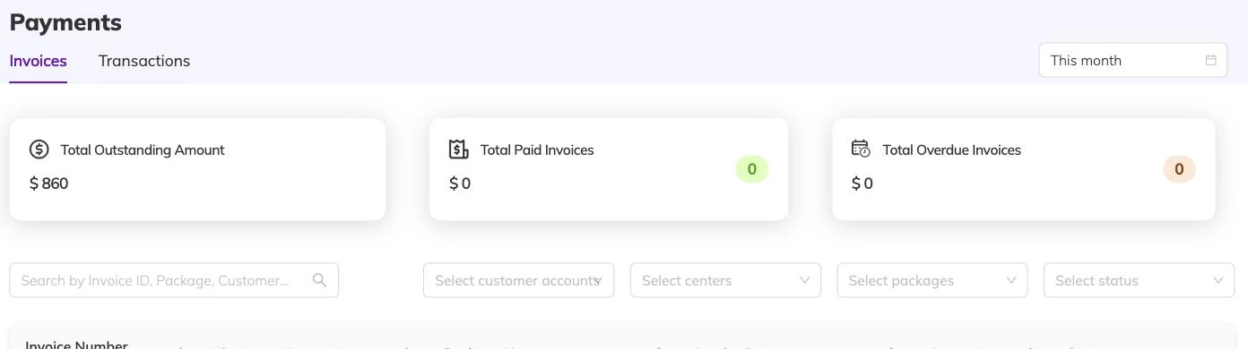 Summary cards showing the outstanding balance alongside counts of paid and overdue invoices